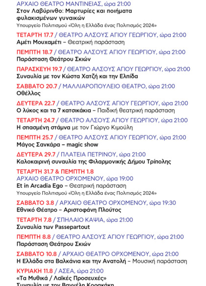 Πρόγραμμα καλοκαιρινών εκδηλώσεων 2024 Δήμου Τρίπολης